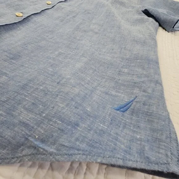 Nautica Linen Blend Short Sleeve Shirt Men's M Blue Button Up EUC LN Resortwear - Picture 2 of 12